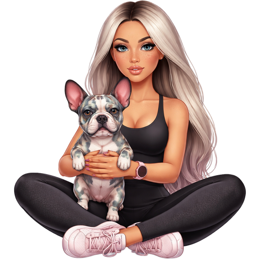 A icy blonde long hair dark in the middle thick hips baddie latina woman with gray color eyes and freckles not smiling sitting in a yoga pose with a black workout outfit and pale pink sneakers light pink apple watch and holding a merle gray frenchie that has one blue eye and one brown eye
