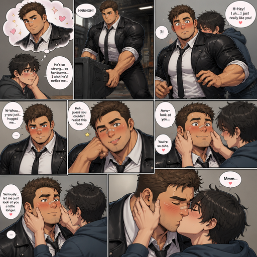 A Real life Anime comic book of a Chunky but Muscular and more Muscle than Fat ANIME Cute Bara Man Who looks Normal and American with a round facial Structure and Basic facial structure With Puffy and Big Pecs that are visible through the shirt and Biceps and Bandaid on his nose. And lifting heavy objects with his crush dreaming about him Wearing a White collard shirt and Black tie and black Leather Jacket with rolled up sleeves and black Pants. his Crush hugging him unexpectedly and him blushing. And he flirts with his crush by making faces . And his crush pinch’s his cheeks and says how cute he is. And still holding his cheeks and then his kisses him.
