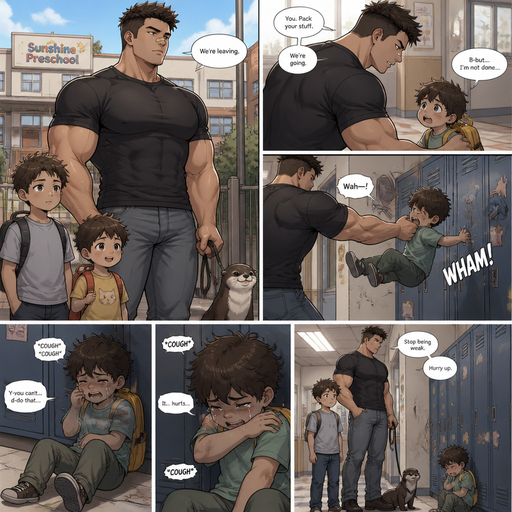 A DETAILED AND LIFELIKE ANIME OF Comic Book extended story that shows everything of a Bulky but Muscular ANIME Cute Bara Man With Peach toned skin Who looks Normal aind round facial Structure and Basic facial structure With Puffy and Big Pecs that are visible through the shirt and Biceps and Bandaid on his nose and Brown short hair that makes them look tough. Wearing normal With his pet Grown and healthy realistic otter and 2 little brothers that are in different ages but young. He never loved his baby brother and so he picks the little baby brother up at Preschool by the arm and the baby brother fly’s into to the lockers and crys but is to weak and the baby brother sits there coughing. And The baby brother tries to defend himself, but can’t. And is shoulder and coughs
