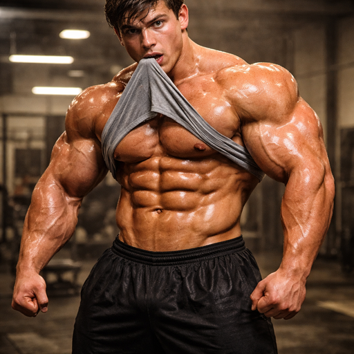 A Real life Full Body Image of a Bulky, Gigantically Muscular American Teenager with Dark Brown Side Parted hair and brown eyes and Chunky Arms and Pecs with a Tall Grotesque wrestler’s body. Drenched in Sweat. Holding his shirt in his mouth.