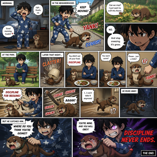 A comic book with many pictures Waking up din the morning in pajamas and his pet otter but Excessively bully’s it. in the neighborhood and the Otter wants to stop and sniff a flower but he yanks the leash and the Otter coughs up Saliva and the otter asks if he can sniff a flower but he’s says no and stop sneezing it gross. But They go to a park and he sits down and reads a book. Then later And he Tips lamp over and Every food the otter doesn’t eat there are is discipline. and asks for some and the looses a tail and tries to run under the couch but stops him. And the otter Receives Discipline that. The otter runs away but he caches him by the collar and says we’re do you think your going and looses