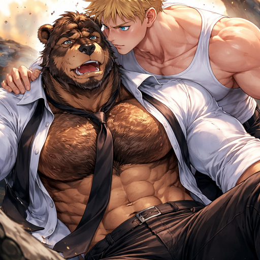 A Full BODY and FACE of a Muscular and Buff and a Gigantically Muscular with Chunky Gigantic Pecs AND biceps with the Perfect Waist and Hairy Body. VERY Masculine and handsome ANIME Animated Bara Furry Grizzly Bear with a VERY Good-looking, Detailed and Mature Face and brown eyes with a wrestler type body. Wearing a Unbuttoned Shirt and Tie. with his buff human Crush Leaning over him. saving his Boyfriend When they both Fall. Looking at him