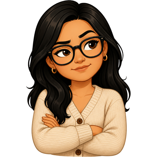 light tan woman with black hair and glasses wearing a cute buttoned cardigan with crossed arms and one eyebrow raised