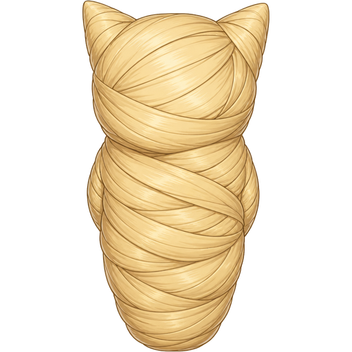 wrapped up and mummified fully covered in a blonde hair cocoon shaped like cat with arms behind back with blonde completely covered with thick layers non-transparent blonde hair blonde hair