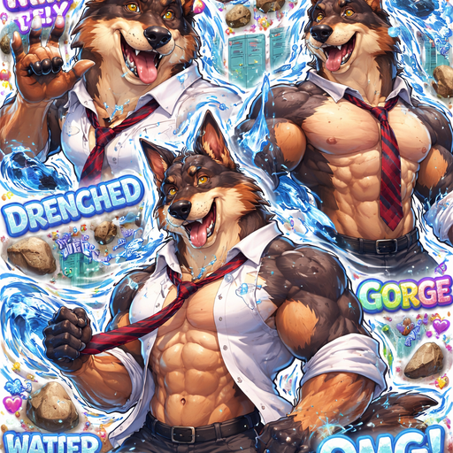 A Very Cute and Flirty, Hot and Attractive animal that is a Chunky and Hunky Sabertooth mixed with a German Shepard with Ginormous Biceps and Pecs Bara furry Wearing a School Uniform and Tie at school With Hydrokenetic Elemental Powers controlling Rocks, Rain and water. A Collage