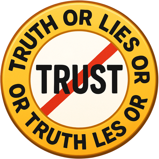 The words " truth or lies or truth or lies or" Written around the edge of a round sign, with the word "trust" crossed out in the middle of the sign