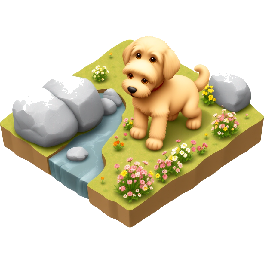 A golden doodle sitting in a field of flowers with light gray rocks by a river on the edge. The dog has a green collar and has a little darker than pale fur