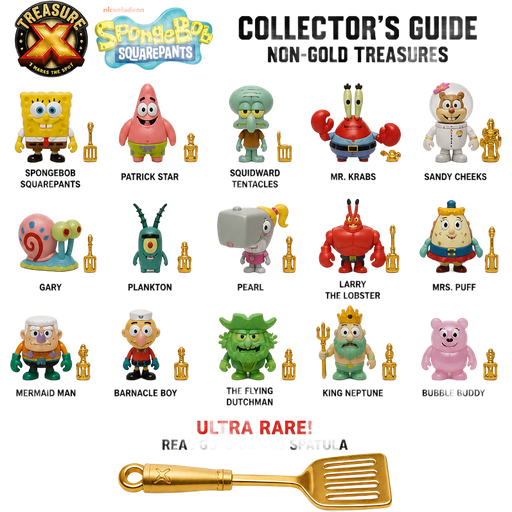 moose toys treasure x spongebob squarepants collectors guide non-gold-treasures with names and characters with names and ultra rare real gold dipped spatula