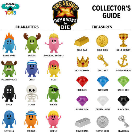 moose toys treasure x dumb ways to die collectors guide characters names on left and all treasures names on right