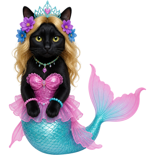 black cat with light yellow hair purple and blue flowers light cyan crown purple and green necklace pink and blue bracelets pink dress attached to long light cyan mermaid tail with pink fins