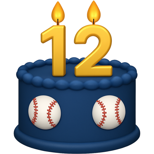 A dark blue birthday cake that has number 12 candles in gold coloring and has baseball charms on the side