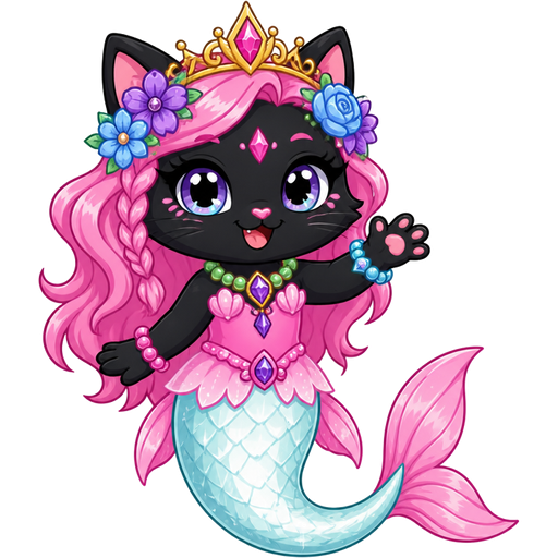 black cat with pink hair purple and blue flowers golden crown purple and green necklace pink and blue bracelets pink dress attached to long light cyan and white mermaid tail with pink fins based on parlo from magic mixies mixlings crystal woods cartoon