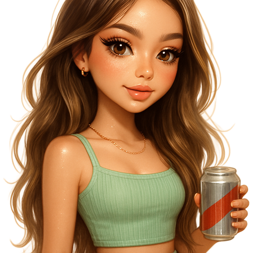 luxury glossy bratz-anime romantic aesthetic, warm cinematic glow, crisp clean detail, glossy glam skin. petite girl, warm soft-autumn tone, fair skin, honey-brown almond eyes, soft freckles, warm toasty glam makeup, glossy nude lips, flutter lashes, sweet Belle-princess vibe, long brunette honey balayage hair with visible light honey blonde highlights, Mint green ribbed crop top with cargo skirt, beach-wave hair, natural glow, thin chain, holding a soda can, pop-princess energy, shimmer highlight, sparkly glow