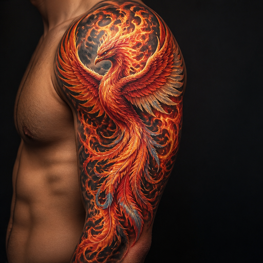 A phoenix bird engulfed in flames head at the top of my shoulder, wingspan wrapped around my arm body down to my elbow, using colours like orange yellow red blumep white