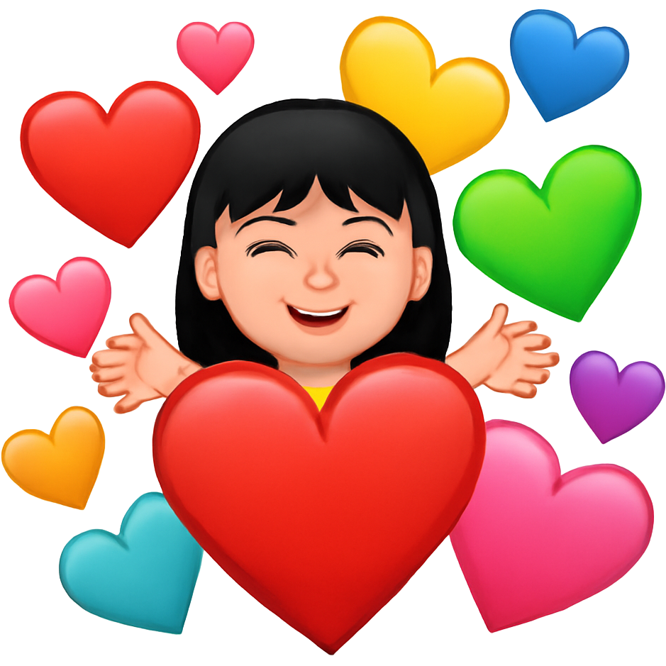 Lots and lots of colourful different sized heart emojis overlapping and a cute little girl with black hair smiling from behind one of the hearts with open arms sending the hearts