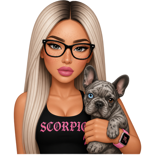 35 year old baddie with pink lips a slight bumpy nose slim face high cheek bones with alot of freckles across the nose almond shaped gray colored eyes lashes nose stud fair skin with freckles across nose with long straight icy ash blonde hair and dark roots parted in the middle serious and black glasses wearing a black tank top that says SCORPIO with pink color nails and pink Applewatch that has a picture of a gray merle french bulldog that has one blue eye and one brown eye