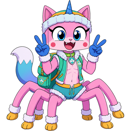 happy pink cat anthro femboy arachne with blue and white tail white wrists blue hands white ankles yellow feet green collar blue unicorn horn based on unikitty wearing everest's hat and everest's clothing with everest's backpack
