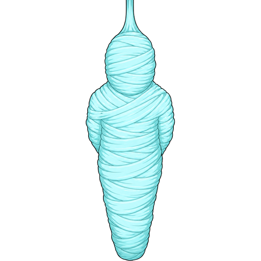wrapped up and mummified fully covered in a #B8FFFF spider slik cocoon shaped like human arms behind back with #B8FFFF spider slik wrappings completely covered with thick layers non-transparent #B8FFFF spider slik wrappings hanging from the ceiling