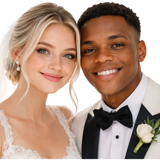 20 year old female with icy blonde dark roots green eyes freckles getting married to a 23 year old black man with brown eyes very short curly hair no facial hair