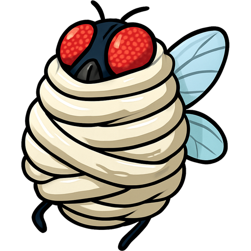 housefly completely covered with very huge coating of slik and very huge slik wrappings cocoon tightly