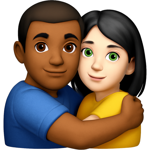 Guy with caramels skin tone with brown eyes, hugging a girl that’s white with green eyes and medium black hair