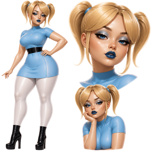 Bubbles With a Fair-Light Warm Ivory Skin Tone with a Pointy-Natural Lip Shape and a Hybrid Eyelash Style Look with a Dark Matte Blue Lipstick and a Silver Eyeshadow with a Tapered Eyebrow and a Down-Turned Eye Shape with a Round Face Shape and Blonde Hair in Two Short High Ponytails Including Bangs Going Off to to the Sides of her hair and Blue Eyes Wearing a Short-Sleeved Azure Blue Dress With a Thick Black Belt Wearing Long White Legging Pants and Black Black High-Heeled Boots With a Luminous Glazed Complexion and a 3D Naturalistic Animation with a Mature Adult Curvy Toned Build and a Luxury Glossy with a Refined Pristine Set Up and a Theatrical Appearance