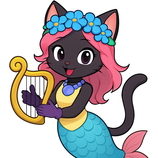 cartoon black anthro cat with pink hair blue flower crown with light purple shell necklace light yellow dress attached to light blue mermaid tail with pink fins purple gloves holding a golden harp artistic creation, beautiful art cartoon style