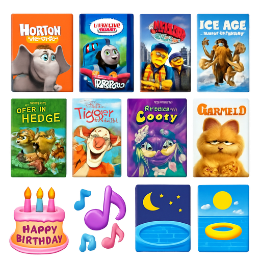 Horton Hears A Who DVD, Thomas and Friends Misty Island Rescue DVD, The Lego Movie DVD, Ice Age 2 The Meltdown DVD, Over The Hedge DVD, The Tigger Movie DVD, An Extremely Goofy Movie DVD, Garfield the movie and Garfield 2 tail of the two kittens DVD, Happy Birthday Cake Pink, Jump Bedtime Music Bed Bouncing of Note, Night Pool Swimming Party, Pool Swimming Party Big Storm Fog