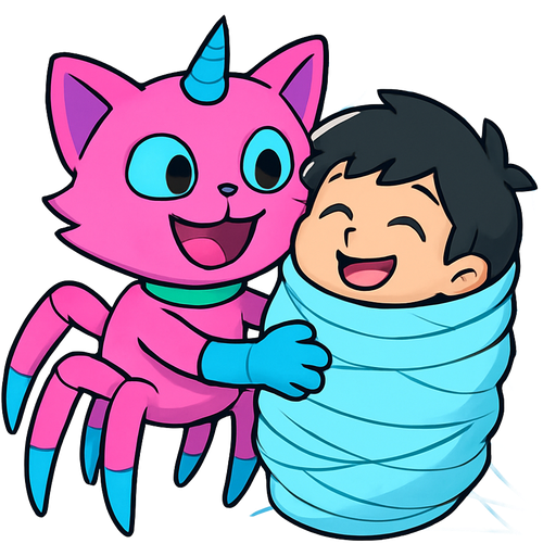 pink cat spider hybrid with blue horn green neck blue eyes white wrists blue hands white ankles yellow feet happy hugging #B8FFFF slikworm cocooned pod black haired boy happy covered with #B8FFFF huge coating of #B8FFFF slik and huge #B8FFFF slik wrappings and huge #B8FFFF webbing wrappings #B8FFFF