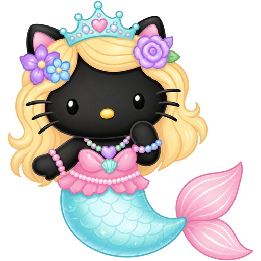 black cat with light yellow hair purple and blue flowers light cyan crown purple and green necklace pink and blue bracelets pink dress attached to long light cyan mermaid tail with white highlights with pink tail fins with white highlights based on hello kitty