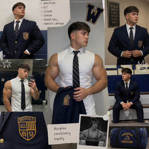 Of a Hugely Muscular American White skinned Teenage Jock with a BASIC and ROUND looking face and Low taper fade with Dark Brown hair and brown eyes and Big Arms and Big Pecs with a Tall Grotesque wrestler’s body. Buttoned up in a sleeveless School Uniform and Blazer with a Logo on it
