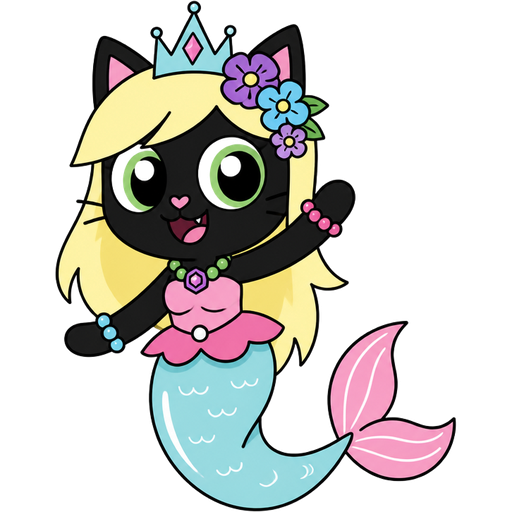 black cat with light yellow hair purple and blue flowers light cyan crown purple and green necklace pink and blue bracelets pink dress attached to long light cyan mermaid tail with white highlights with pink tail fins with white highlights in cartoon network styles 1 mighty magiswords 2 adventure time 3 unikitty! 4 powerpuff girls 5 we bare bears 6 hi hi puffy amiyumi 7 robotboy