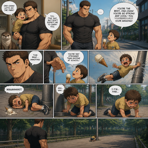 A DETAILED AND LIFELIKE ANIME Comic Book story view of a Bulky but Muscular ANIME Cute Bara Man With Peach toned skin Who looks Normal aind round facial Structure and Basic facial structure With Puffy and Big Pecs that are visible through the shirt and Biceps and Bandaid on his nose and Brown short hair. With A realistic otter and baby brother. And He doesn’t like his baby brother And he goes and take his baby brother to the park and on the way there the baby talks about how great he is. And the baby flies at a Streetlight and leans on it wheezing with the ice cream flying out of his hand. And he purposly made The baby fly from his grasp and lays on his side crying an slowly getting up.