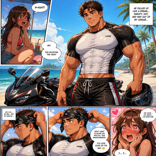 A Very Detailed Full Body anime comic book view of a Beefy and Bulky and Huge Beefy Pecs and Biceps and above average High schooler but Bulky and ANIME Cute Bara Big Bulky Beach Hunk Who looks Normal 20 year old American with a round facial Structure and ROUND and BASIC facial structure and No Facial Hair With Puffy and Big Pecs that are visible through the shirt and Biceps and Bandaid on his nose and slim and thin waist Wearing a Swim shirt that is Tight around the waist. His crush Siting at the Beach he Pulls up in a Motorcycle and Drenched in sweat store with his Crush shocked and blushing while looking at him, as a man he acts like a gentleman and ties the Bandana around his head, looking Dreamy and Cute.