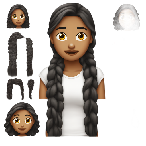 Une fille aux cheveux noirs long et lisses.sa peau est très blanche Ses cheveux sont attachés en queue de cheval basse. Son T-shirt est rose, ses yeux sont marrons, sa bouche et rose clair.