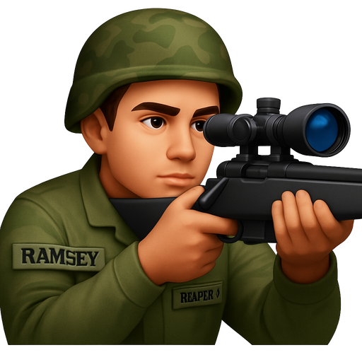 Army Sniper in position Realistic face with brown hair, no facial hair, the curve to tail of his eyebrow brushed up. and “Ramsey” written on his jacket name patch and “Reaper 1” written below it