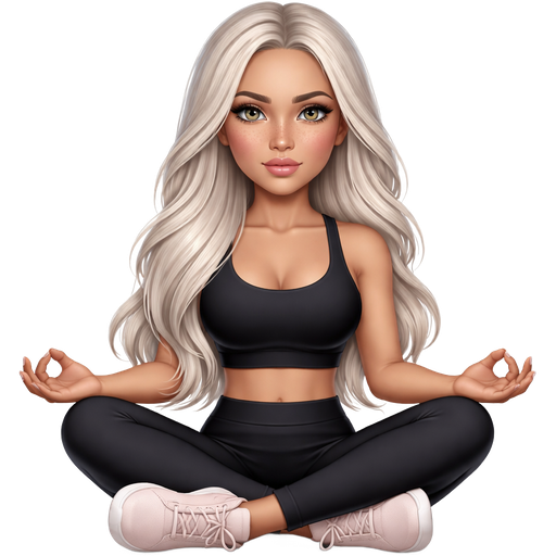A icy blonde long hair latina woman with gray color eyes and freckles not smiling sitting in a yoga pose with a black workout outfit and pale pink sneakers
