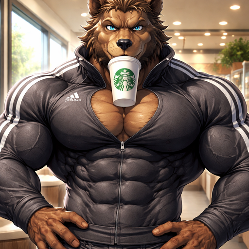 A Full BODY and FACE of a Muscular and Buff with Gigantic Pecs AND biceps. VERY Masculine and handsome Anime Bara Furry Grizzly Bear with a Very Good-looking and Mature Face and Blue eyes with a wrestler type body. In a TIGHT Adidas Athletic Quarter Zip. Drinking Coffee using his Chest to hold the Starbucks Coffee cup