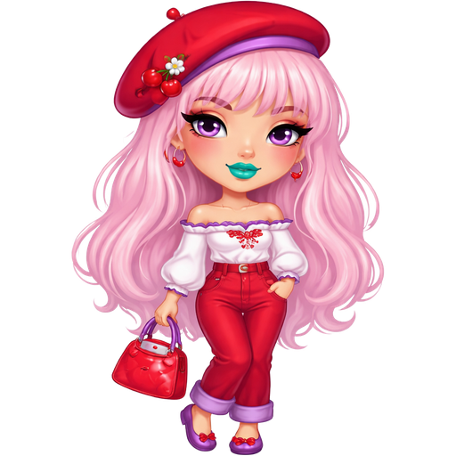 Crepe Suzette With a Fair-Light Neutral Beige Skin Tone and a Heart Shaped Lip Shape and a With Purple Eyes and Lifted Eyelash Set up and a Matte Turquoise Lipstick With a Peach Eyeshadow and a Thin Eyebrow Shape and a Upturned Eye Shape With a Triangle Face Shape Wearing a Red Beret with the Brim being in Purple and a Cherry Clip on the Left side of the Hat with Pastel Pink Long Hair Including Bangs Wearing a White Off The Shoulder Tunic Top With the Brim being Purple With a Red Lace and a Cherry Clip Right Next to it Also Wearing Red Denim Pants and When it’s Rolled up at the bottom it’s Purple Wearing Purple Flats with a Red Bow on Top Carrying a Red Hand Purse With a Purple Handle With a Mature Adult Toned Build and Luxury Glossy