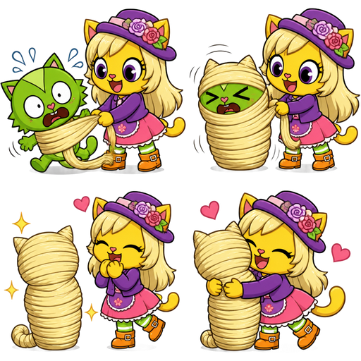 green boy cat furry getting quickly wrapped up mummified by furry yellow cat anthro with purple eyes light blonde hair purple and pink florist hat and purple florist outfit green and white socks orange boots with buckles pink skirt with light blonde hair 2 light blonde hair mummy shaped like green boy cat furry completely covered with light blonde hair mummy then furry yellow cat anthro with purple eyes light blonde hair purple and pink florist hat and purple florist outfit green and white socks orange boots with buckles pink skirt hugs the light blonde hair mummy cute chibi kawaii cartoon happy tree friends comic version