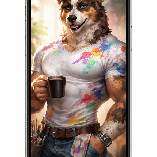 A Full Body and Facial Wallpaper of a Hunky and Chunky a Very Hot and Handsome German Shepard mixed with a Australian Shepard bara furry who is a Artist muscular but not to muscular and Extremely Masculine and Handsome and Ginormous Arms and a Rounded Pecs very Short Strait Hair but tall and a little bit lean. Wearing an All white T-shirt with paint splotch’s everywhere on him. Drinking coffee. As an iPhone Wallpaper