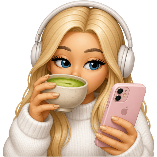 A blonde girl drinking matcha; she is wearing false eyelashes and beige nail polish, a white sweater, and headphones, and has a pink iPhone.
