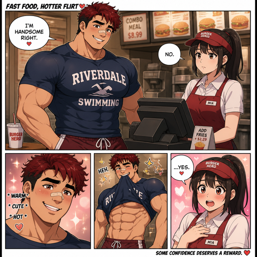 A Full page Anime Comic book story of a masculine and Bulky ANIME Cute Bara Man Who looks Normal and American 20 year old with a round facial Structure and Basic facial structure With Puffy and Big Pecs that are visible through the shirt and Biceps and Bandaid on his nose. Wearing a College Swimming spirit shirt and swimming trunks and Dark Red Hair and Black Roots. At a fast food Place at the cash register flirting with the waitress at the cash register and saying I’m handsome right. And Making a WARM, CUTE and hot smile and Very DREAMY. She says no with a strait face. Then he holds the bottom of his shirt in his mouth showing his abs then she says yes