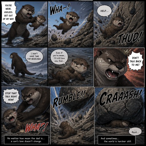 A comic book of a baby otter thrown at a rock by a bigger otter, and says help but he doesn’t and walks away. And the otter Weakly talks back to the days, and says no matter how mean the dad is he’ll still love him and the dad gets mad and tells stop and disciplines his son. And then a boulder falls, and the Baby Otter Rests under. And the boulder lowers unexpectedly