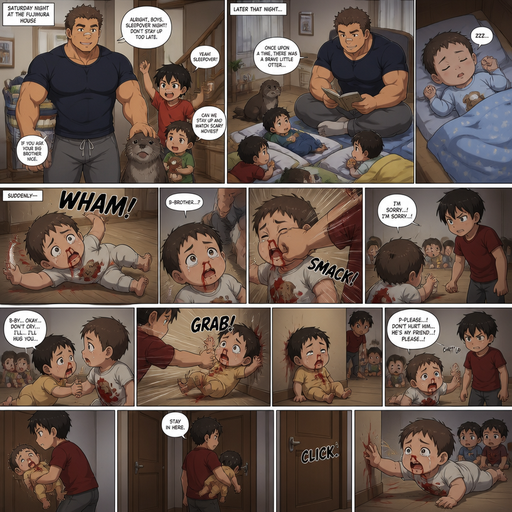 A DETAILED AND LIFELIKE LONG Anime Comic Book story view of a Bulky but Muscular ANIME Cute Bara Man With Peach toned skin Who looks Normal aind round facial Structure and Basic facial structure With Puffy and Big Pecs that are visible through the shirt and Biceps and Bandaid on his nose and Brown short hair that makes them look tough. Wearing normal With his pet Grown and healthy realistic otter and 2 little brothers and baby that are in different ages but young. At the house and the baby has a sleepover and the baby sleeps in a comfy bed then the baby flys to the floor from one of the brothers and red comes from the baby’s nose and is on the floor and stained a shirt. and the baby looks up at the brothers. And the baby’s face jerks to the left from him. And he lowers his head To his brother infront of its friend that are also babys At the Baby‘s sleep over. And the babies bestest baby friend tried to Comfort him courageously and not knowing how to speak well but the friend flies to the wall from one of the brother’s grasp. And Had red coming from his nose too. And leans on the wall and doesn‘t move The baby begs for them to not hurt his friend. and one of the brothers picks up the best friend and takes him to a room and close the door.