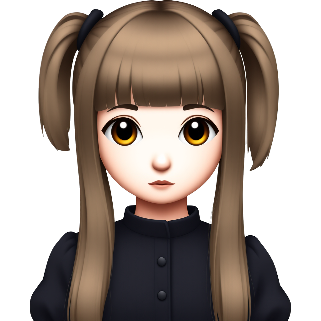 Dark hair, straight bangs, very long double ponytail, Asian Face, big eyes and Innocent face, she likes to wear cute black dress