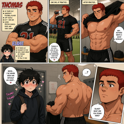 A Comic book story of a Bulky and muscular ANIME Cute Bara Man Who looks Normal and American with a round facial Structure and Basic facial structure With Big Pecs and Biceps and Bandaid on his nose. Wearing an Adidas Jersey and shorts with Scarlet Red hair and named Thomas. With Blake a Skinny and small Kid with a huge crush on Thomas. One day Thomas at Practice. And Thomas Taking off his shirt. And Find Blake staring at him