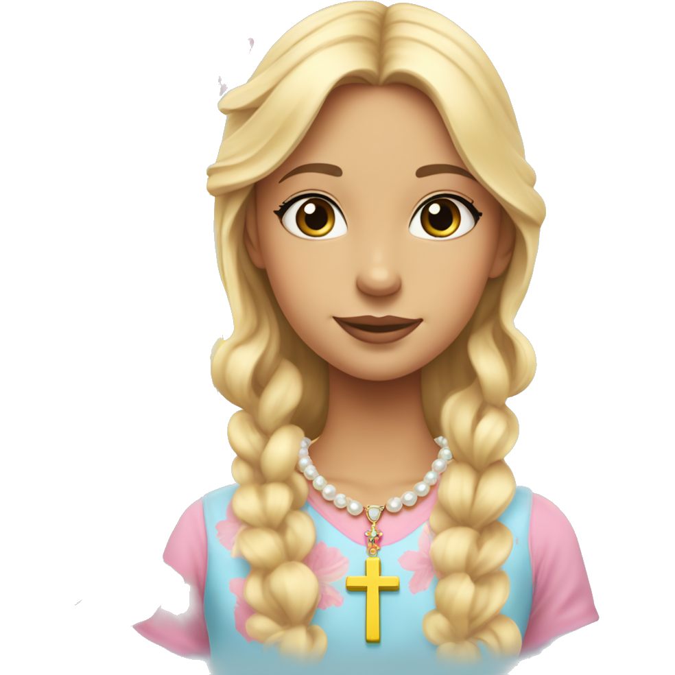 Girl with blonde long hair, flower earrings, light blue eyes, a cross Pearl necklace around her neck, cute pink Dress,and with a bouquet of yellow and pink tulips