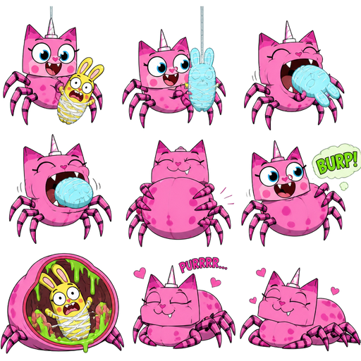 comic pink cat drider wrapping yellow rabbit light cyan rabbit shaped cocoon hanged to the top pink cat drider swallows a light cyan rabbit shaped cocoon whole pink cat drider gulps down rabbit shaped cocoon pink cat drider burps pink cat drider relaxing purring happily
webbed cocooned yellow rabbit screaming in a stomach with green slime with the unikitty style