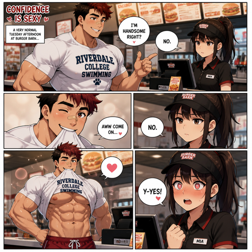 A Full page Anime Comic book story of a masculine and Bulky ANIME Cute Bara Man Who looks Normal and American 20 year old with a round facial Structure and Basic facial structure With Puffy and Big Pecs that are visible through the shirt and Biceps and Bandaid on his nose. Wearing a College Swimming spirit shirt and swimming trunks and Dark Red Hair and Black Roots. At a fast food Place at the cash register flirting with the waitress at the cash register and saying I’m handsome right. And Making a Warm, cute and hot smile. She says no with a strait face. Then he holds the bottom of his shirt in his mouth showing his abs then she says yes